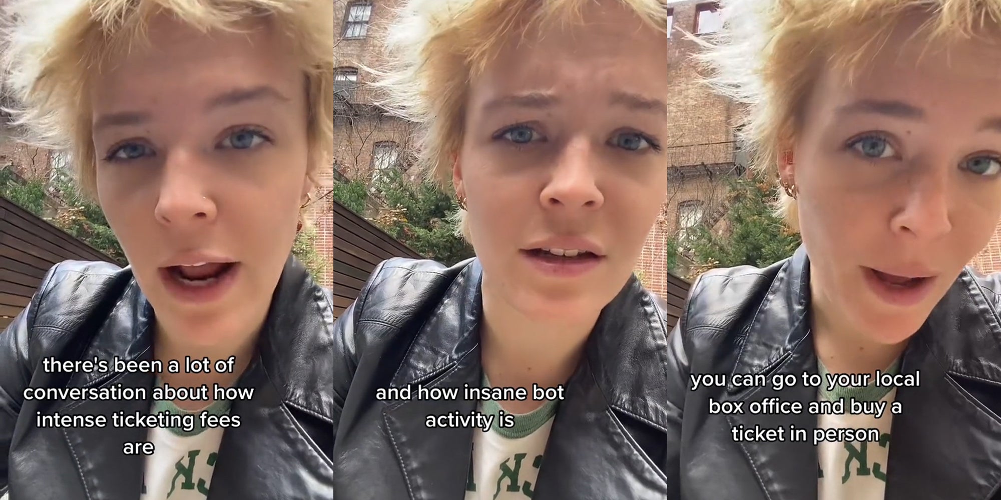 Maggie Rogers speaking outside with caption 