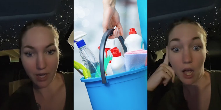 topless maid speaking in car (l) maid with cleaning supplies in bucket in hand (c) topless maid speaking in car (r)