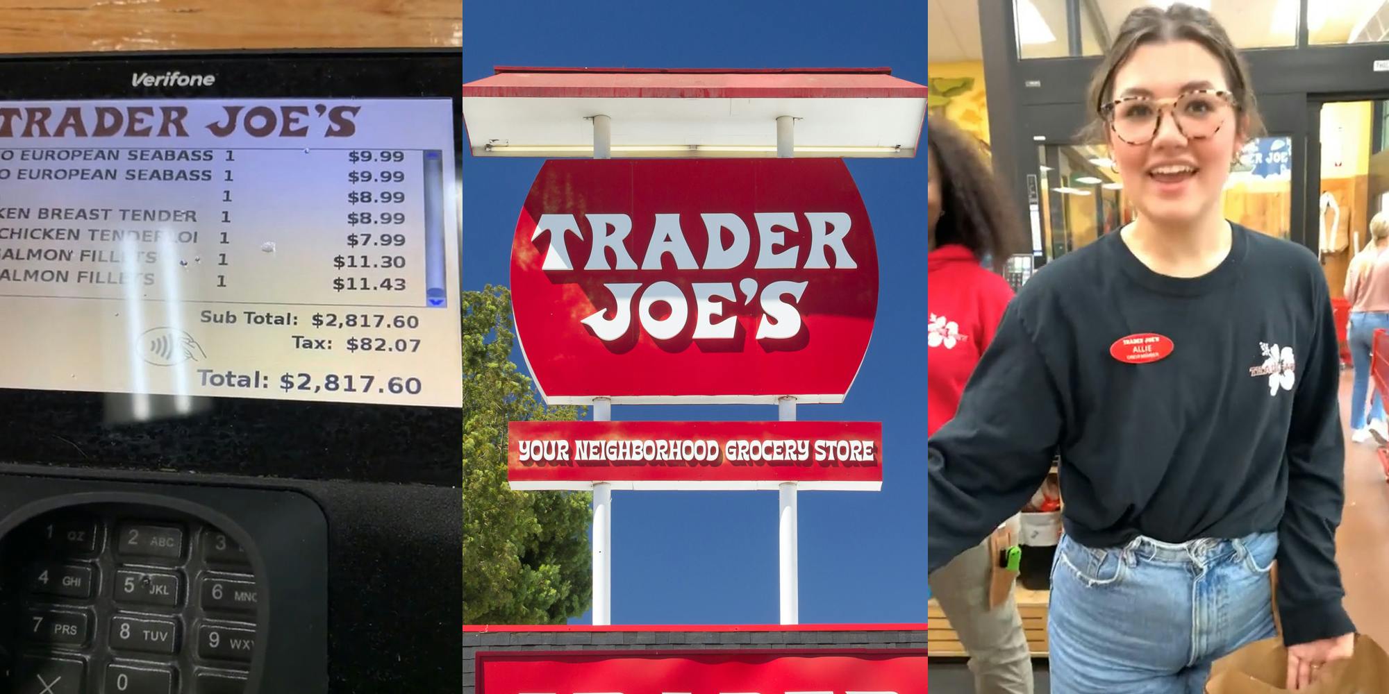 Trader Joes screen displaying $2,817' total (l) Trader Joes sign with blue sky (c) Trader Joe's employee speaking (r)
