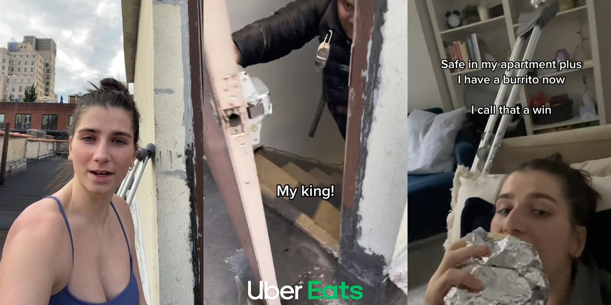Uber Eats customer speaking on roof (l) Uber Eats employee opening roof door with Uber Eats logo at bottom with caption "My king!" (c) Uber Eats customer eating burrito with caption "Safe in my apartment plus I have a burrito I call that a win" (r)