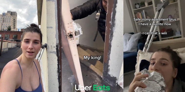 Uber Eats customer speaking on roof (l) Uber Eats employee opening roof door with Uber Eats logo at bottom with caption 'My king!' (c) Uber Eats customer eating burrito with caption 'Safe in my apartment plus I have a burrito I call that a win' (r)