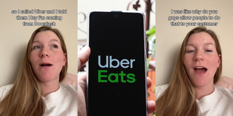 Uber Eats worker speaking in front of tan wall with caption 'so I called Uber and I told them hey I'm coming from DoorDash' (l) Uber Eats on phone in hand (c) Uber Eats worker speaking in front of tan wall with caption 'I was like why do you guys allow people to do that to your customer' (r)