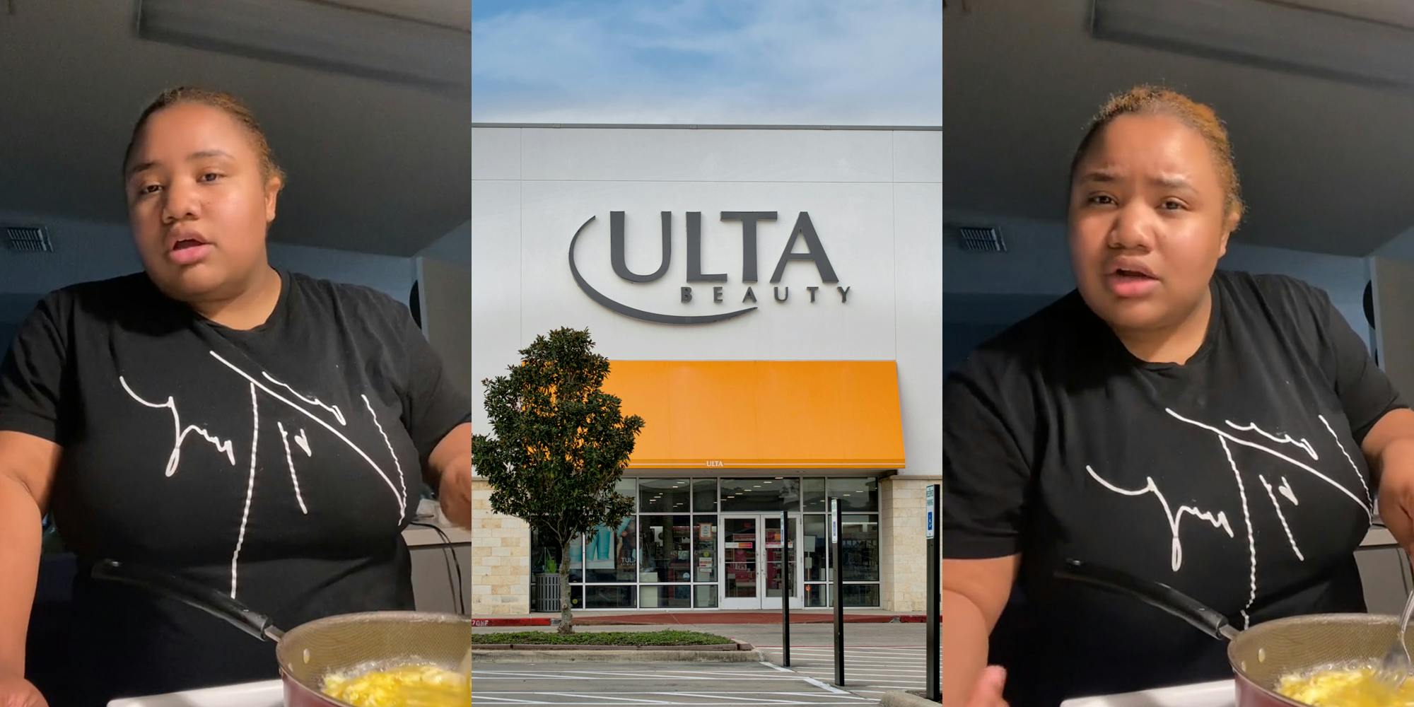 former Ulta employee speaking while cooking eggs (l) Ulta building entrance with sign (c) former Ulta employee speaking while cooking eggs (r)