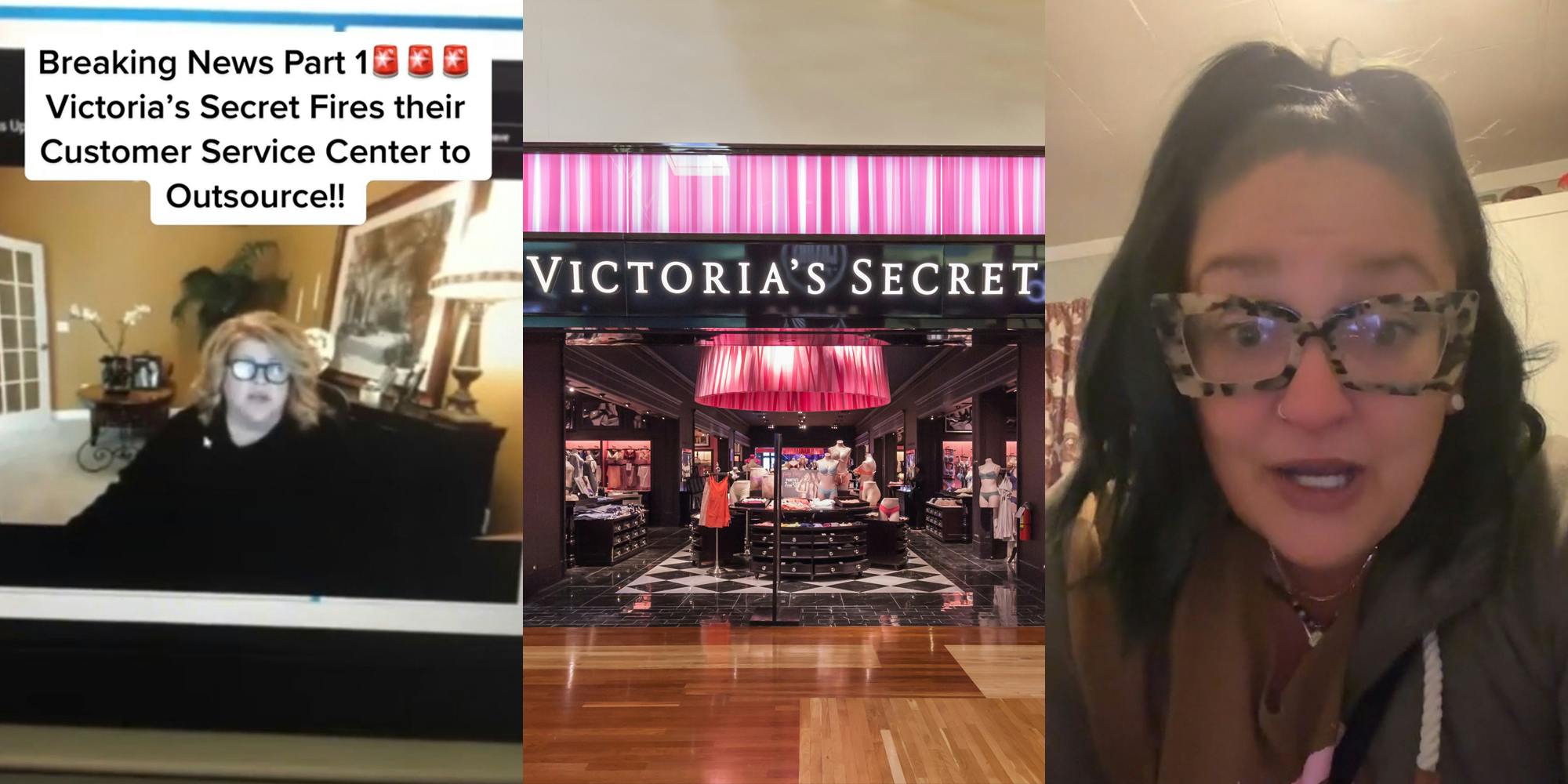 meeting on laptop with caption "Breaking News Part1 Victoria's Secret Fires their Customer Service Center to Outsource!!" (l) Victoria's Secret store in mall with sign (c) former Victoria's Secret employee speaking (r)