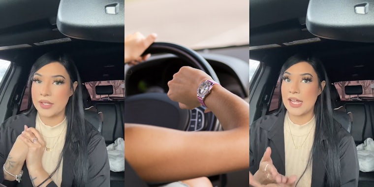 worker speaking in car (l) person checking watch while in car (c) worker speaking in car (r)