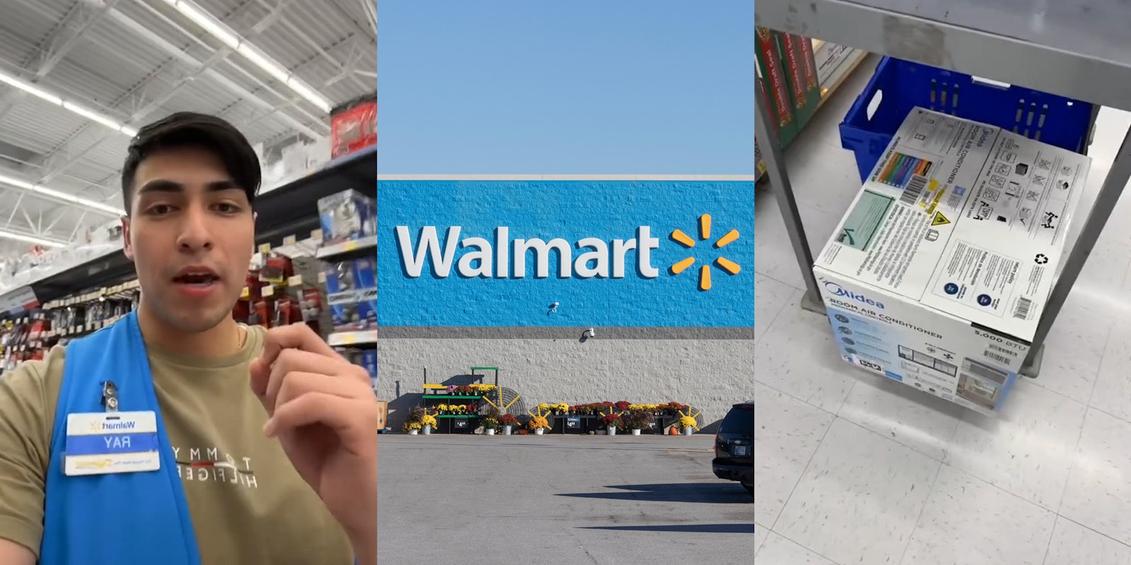 Walmart worker speaking (l) Walmart building with sign and blue sky (c) Walmart trolly with AC on it (r)