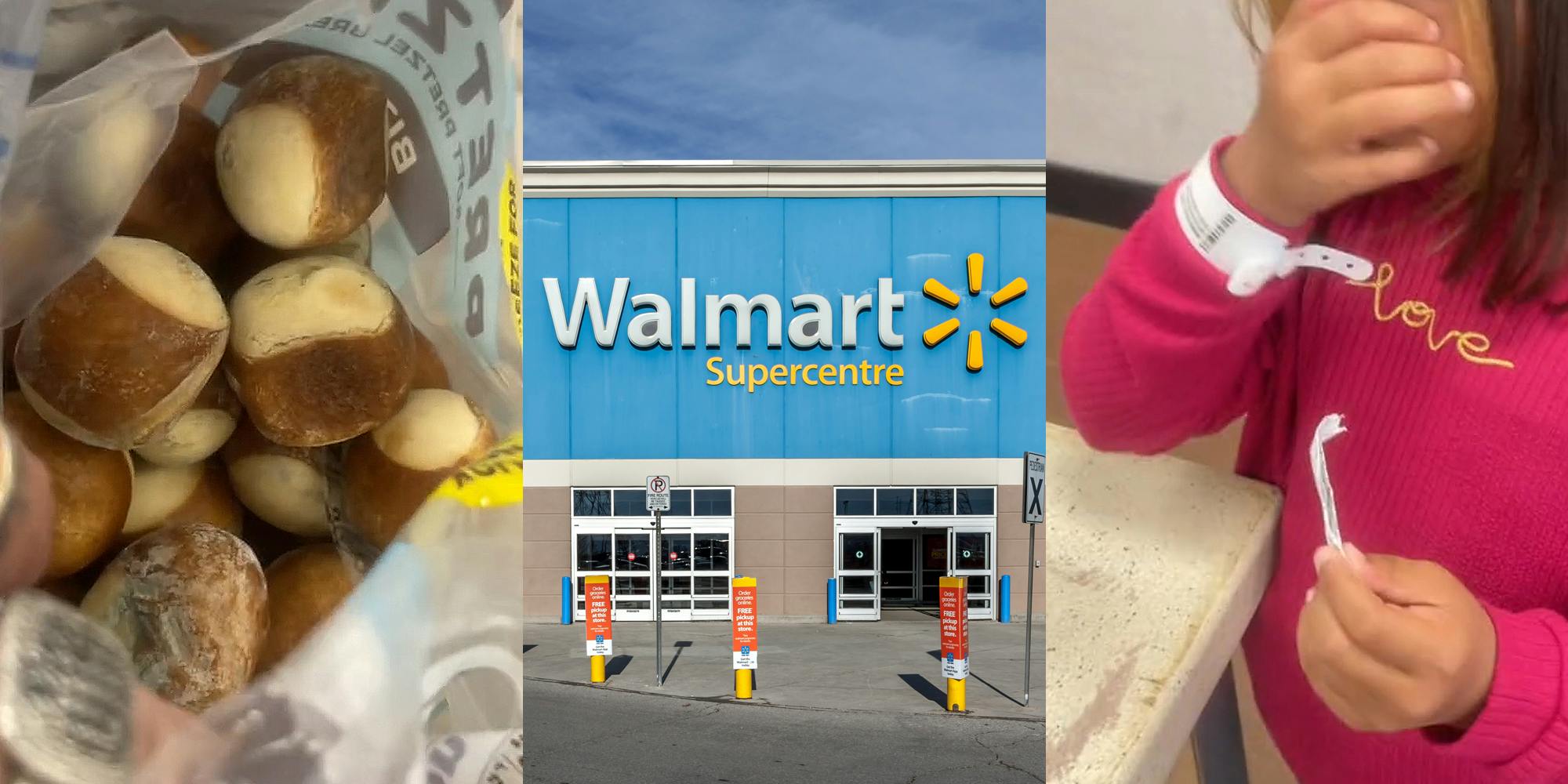 Walmart pretzel bag full of moldy expired pretzels (l) Walmart building with sign and sky (c) child with hospital band on wrist at Walmart returns (r)