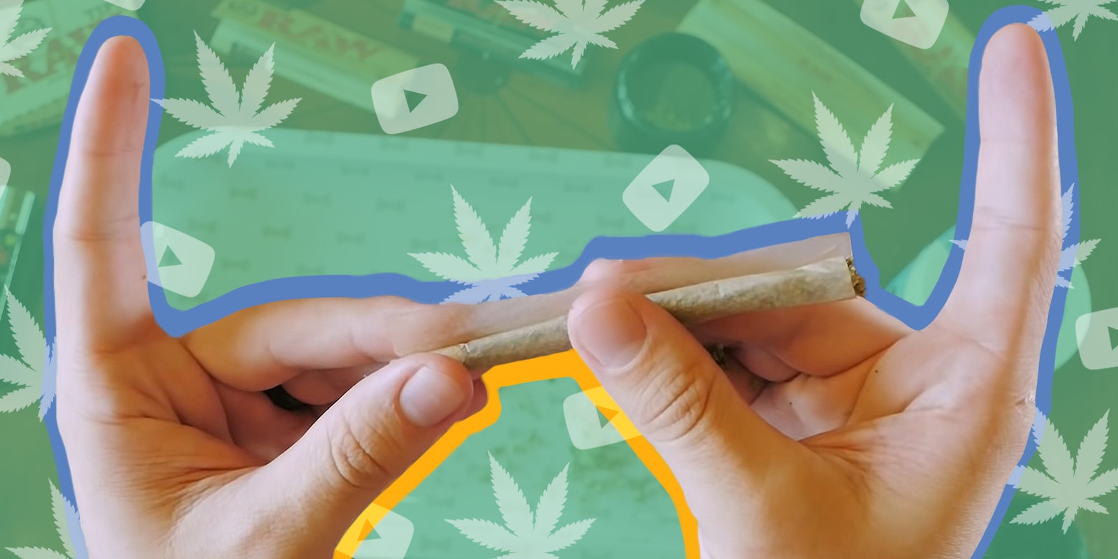 hands rolling joint with pot leaf and YouTube logo background with green overlay Passionfruit Remix