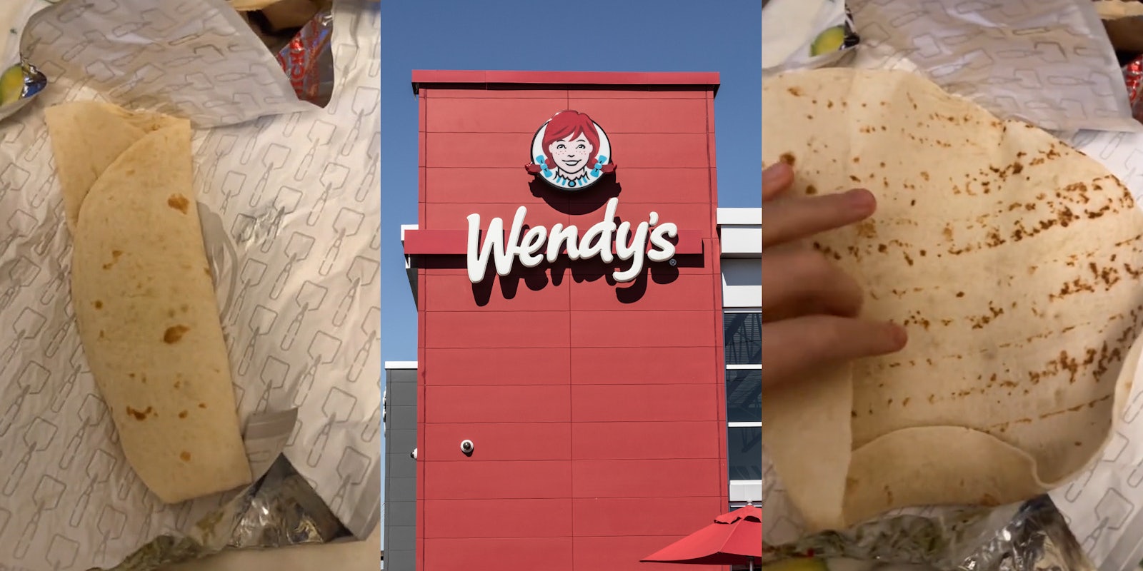 tortilla on wrapper (l) Wendy's building with sign and blue sky (c) hand unwrapping tortilla to reveal nothing inside (r)