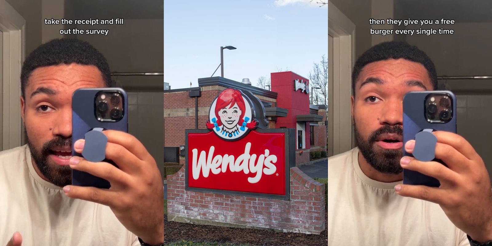 person speaking in bathroom mirror with caption 'take the receipt and fill out the survey' (l) Wendy's building with sign (c) person speaking in bathroom mirror with caption 'then they give you a free burger every single time' (r)