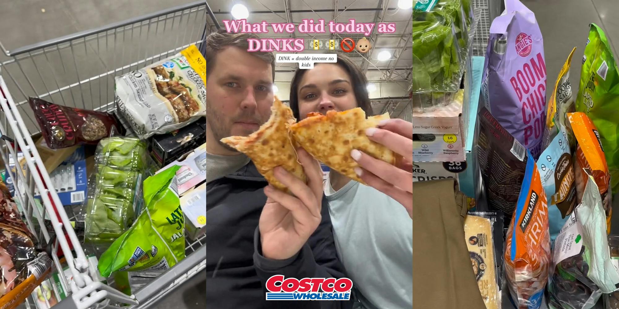 cart full of groceries at Costco (l) couple dinking pizza slices together with caption "What we did today as DINKS" with Costco logo at bottom (c) Costco groceries at register (r)