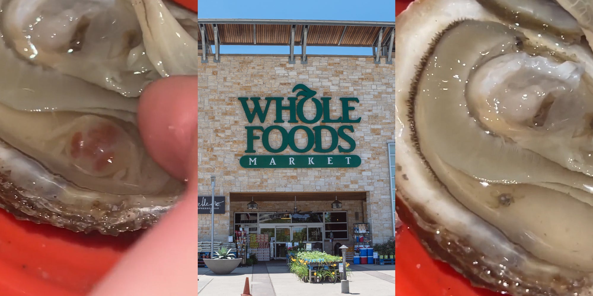 parasite crab in oyster (l) Whole Foods Market building entrance with sign (c) oyster with baby crab parasite inside (r)