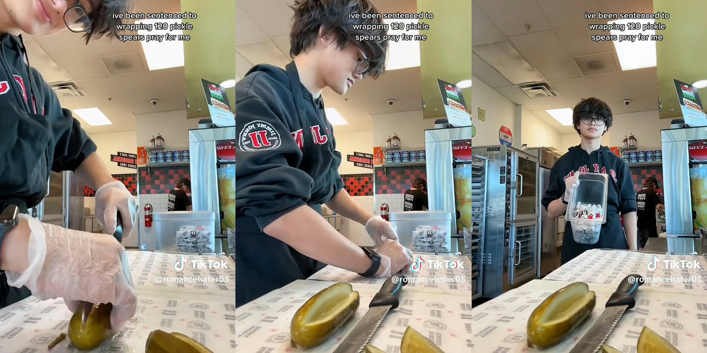 young man cutting pickle spears at Jimmy Johns