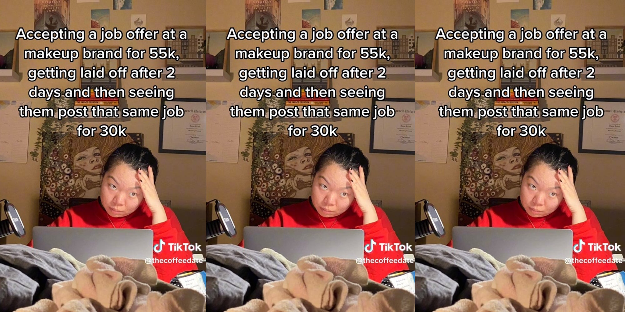 Three screenshots of a woman looking at the camera with her hand on her head. 
