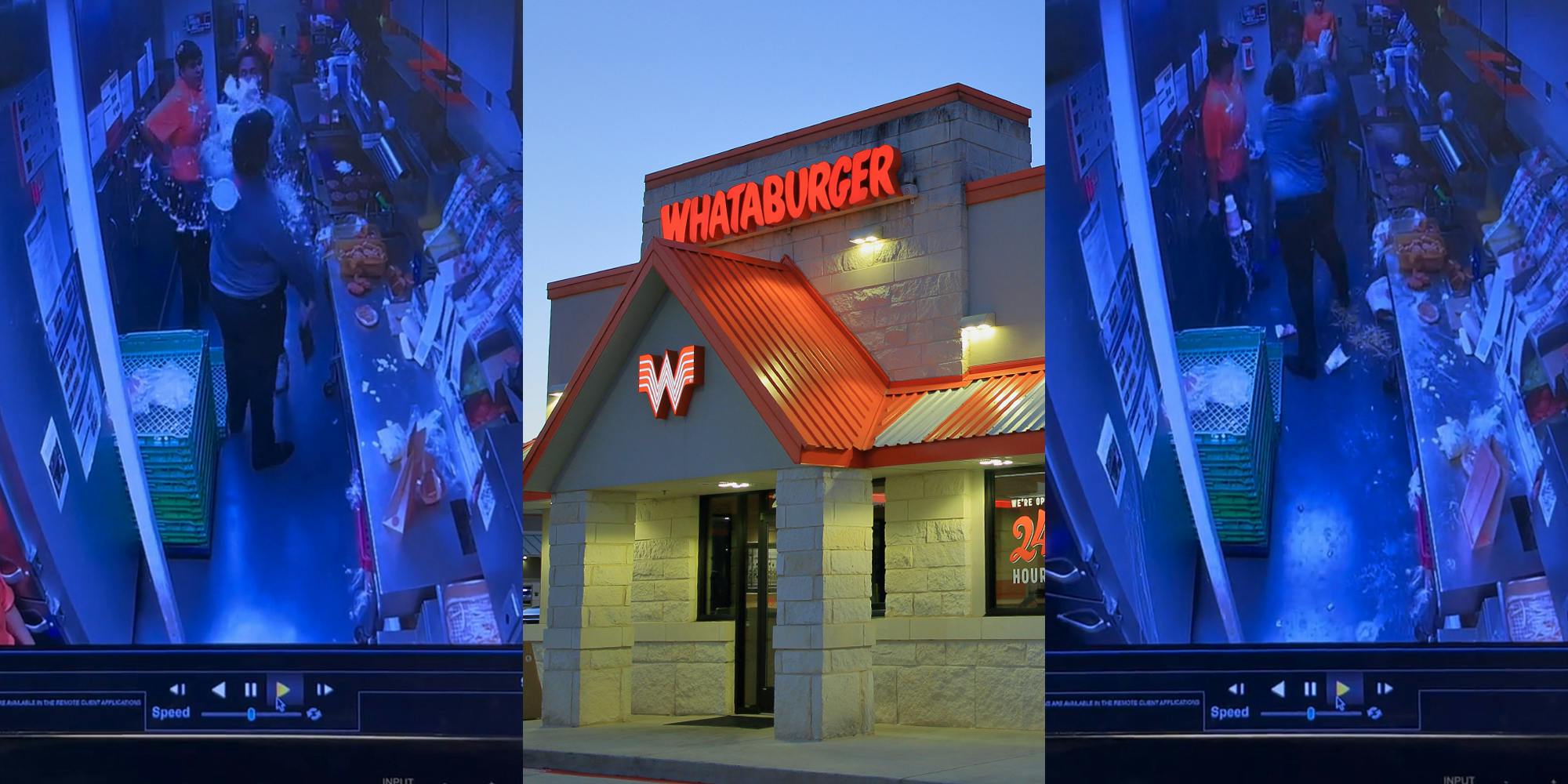 Whataburger security cam footage of worker being splashed with drink (l) Whataburger building entrance with sign (c) Whataburger security cam footage of worker raising hand up after drink was thrown (r)