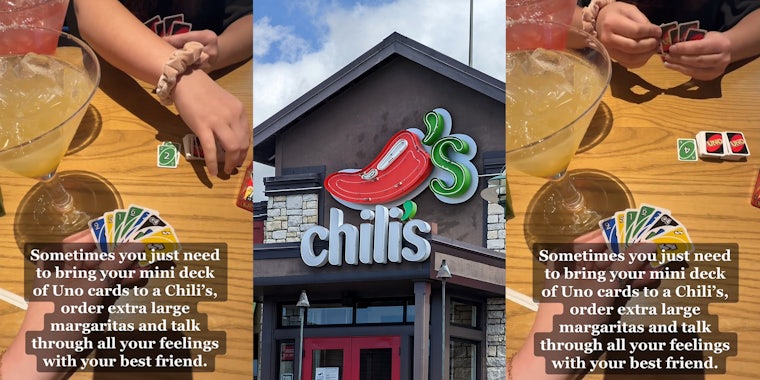 Chili's customers play Uno at table while drinking margaritas