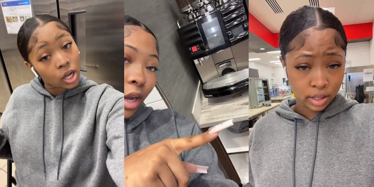 worker explains that Coffee machine floods gas station and she has to clean it up herself