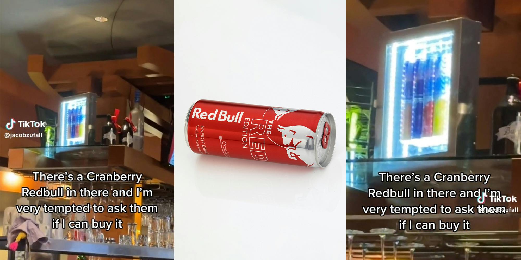 Cranberry Red Bull spotted in case above bar. Red Edition RedBull Cranberry
