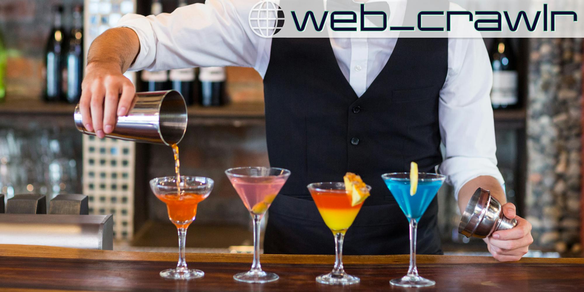 A bartender pouring four drinks. The Daily Dot newsletter web_crawlr logo is in the top right corner.