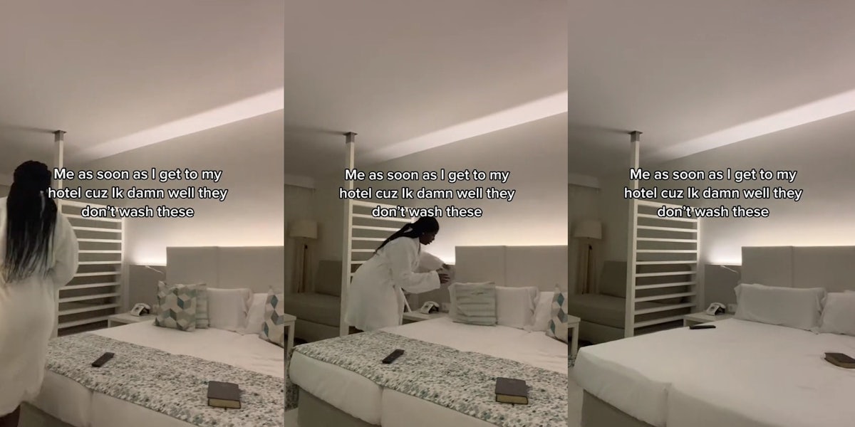 Former housekeeper removes all the pillows and covers from hotel bed since they are not cleaned