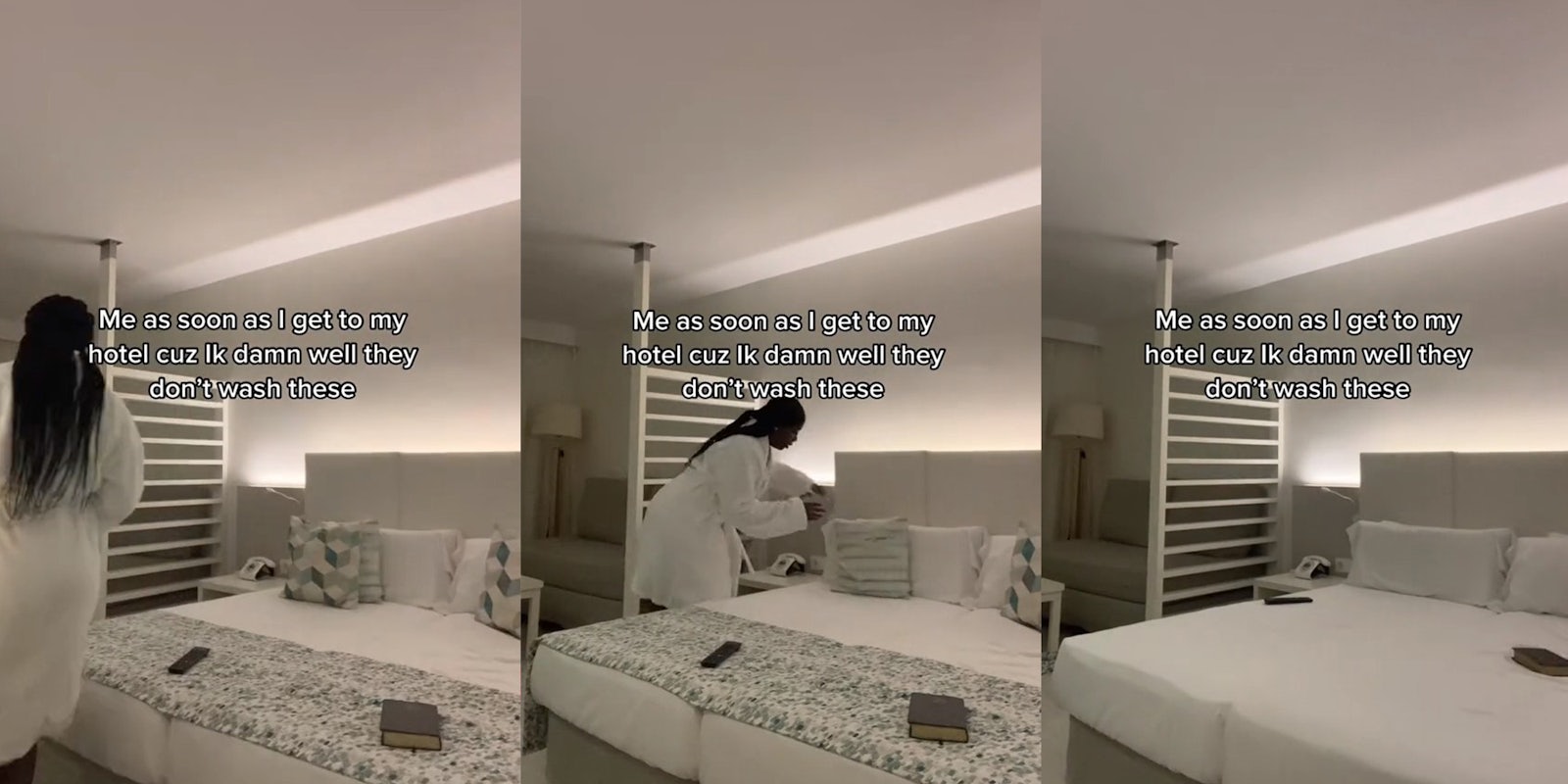 Former housekeeper removes all the pillows and covers from hotel bed since they are not cleaned
