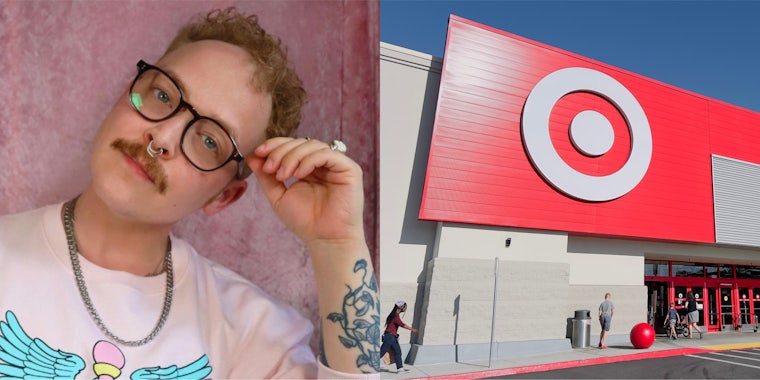 Abprallen in front of pink background (l) Target store with sign above entrance (r)