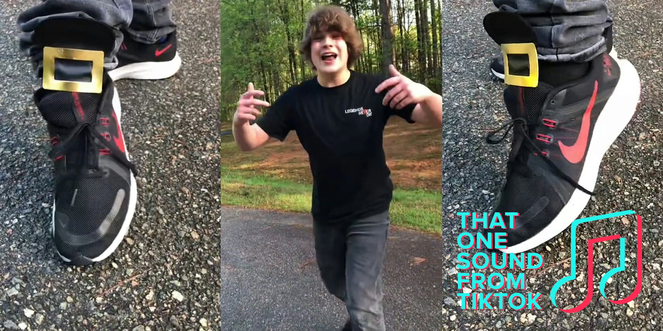 @edmondx showing off shoe with buckle (l) @edmondx speaking outside (c) @edmondx showing off shoe with buckle as part of the one two buckle my shoe meme, with THAT ONE SOUND FROM TIKTOK logo in bottom right corner (r).