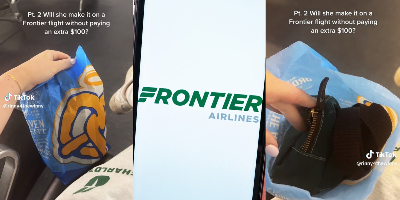 Traveler of Frontier Airlines Explain why they put extra belongings in an Auntie Anne's pretzel bag