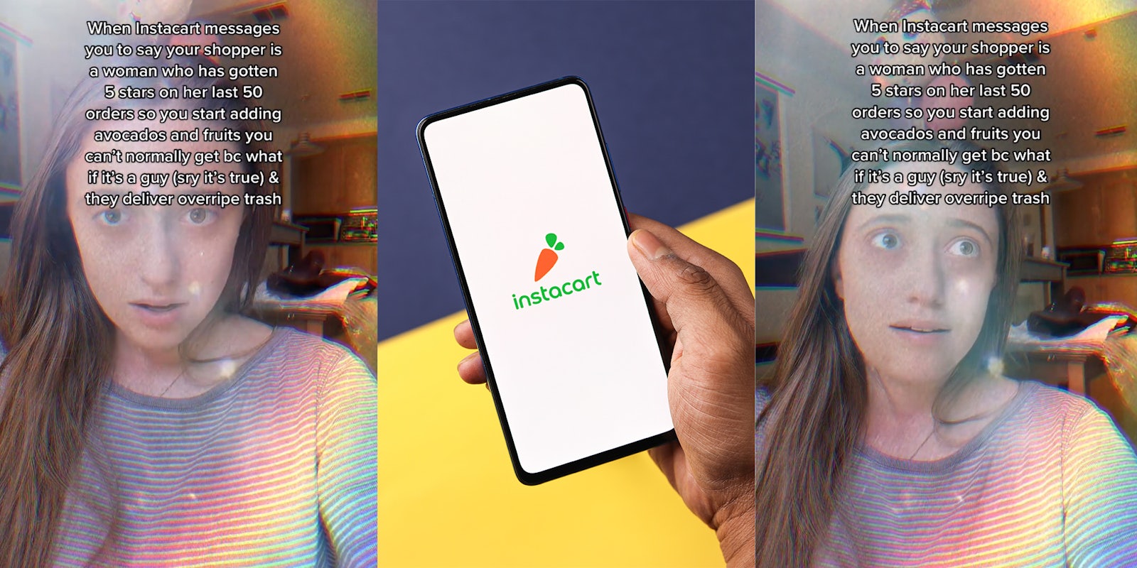 Woman showing gratitude for getting a woman shopper on her Instacart app. Instacart logo on phone screen stock image.