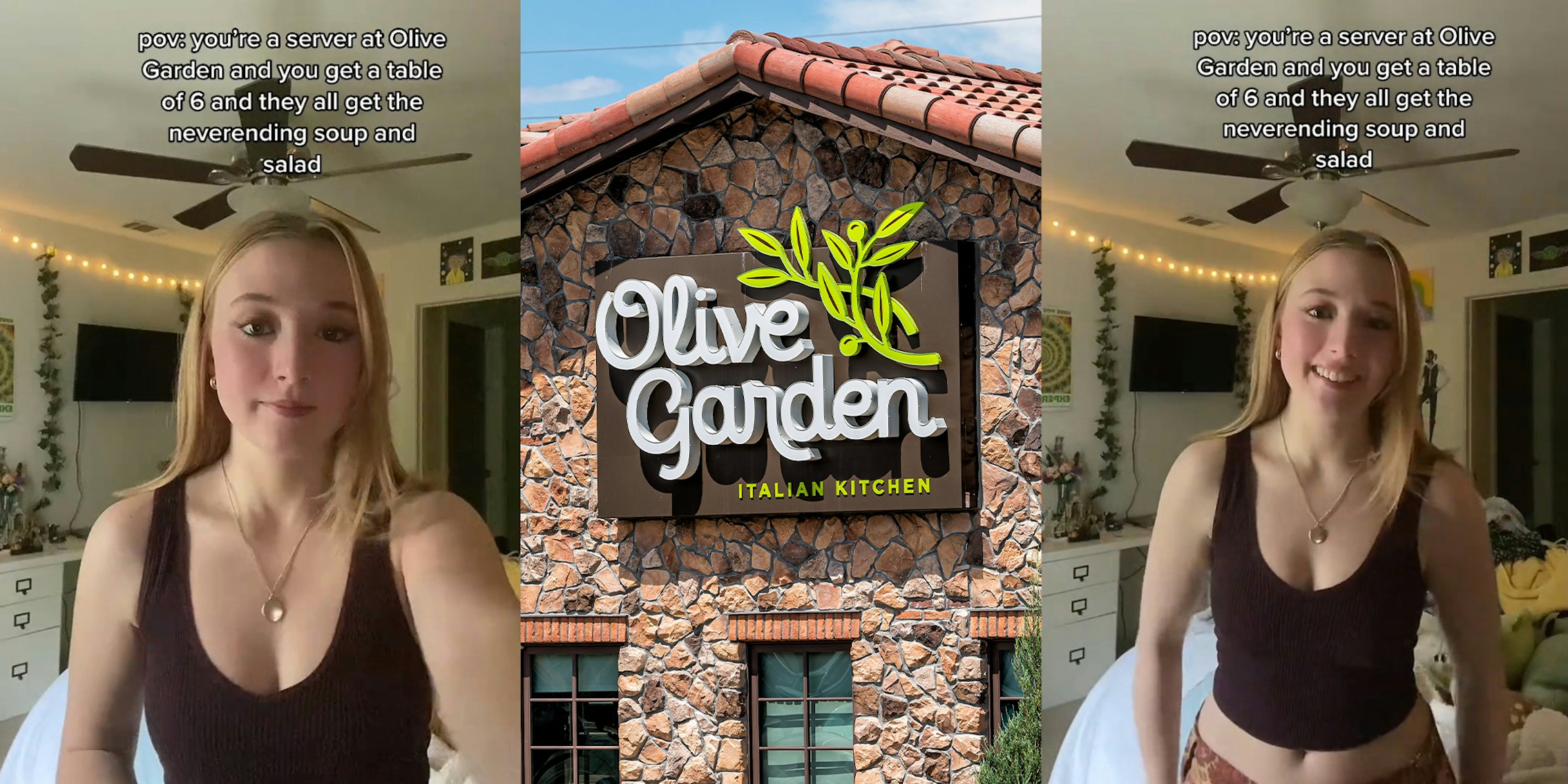 Woman Standing in Bedroom explaining about working at Olive Garden