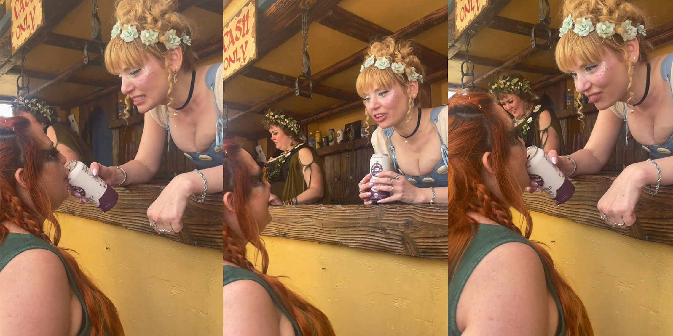 a renaissance fair barmaid pours a drink into a customer's mouth