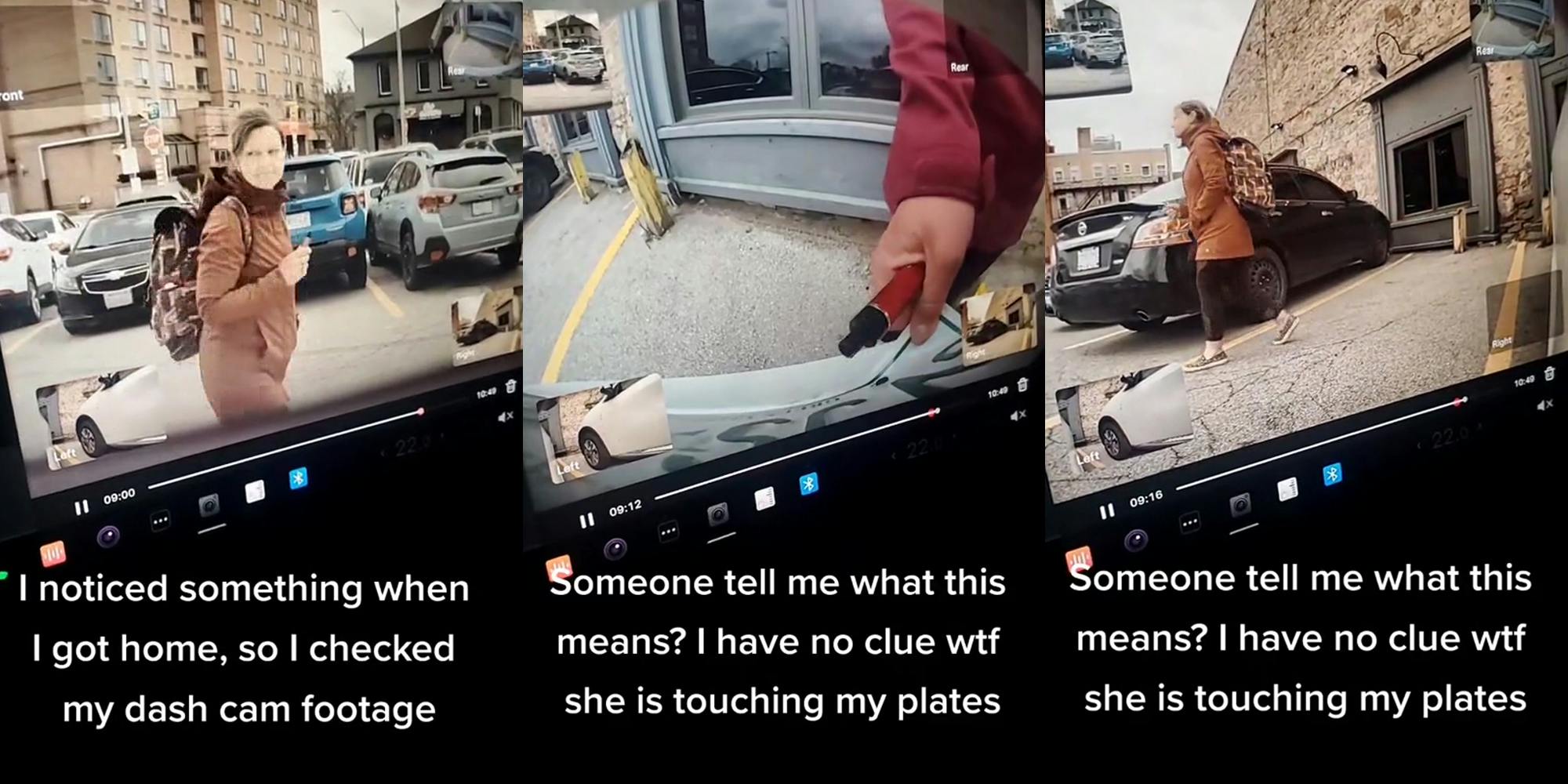 woman seen in Tesla dash cam footage with caption "I noticed something when I got home, so I checked my dash cam footage" (l) woman seen in Tesla dash cam footage bending plate with caption "Someone tell me what this means? I have no clue wtf she is touching my plates" (c) woman seen in Tesla dash cam footage with caption "Someone tell me what this means? I have no clue wtf she is touching my plates" (r)