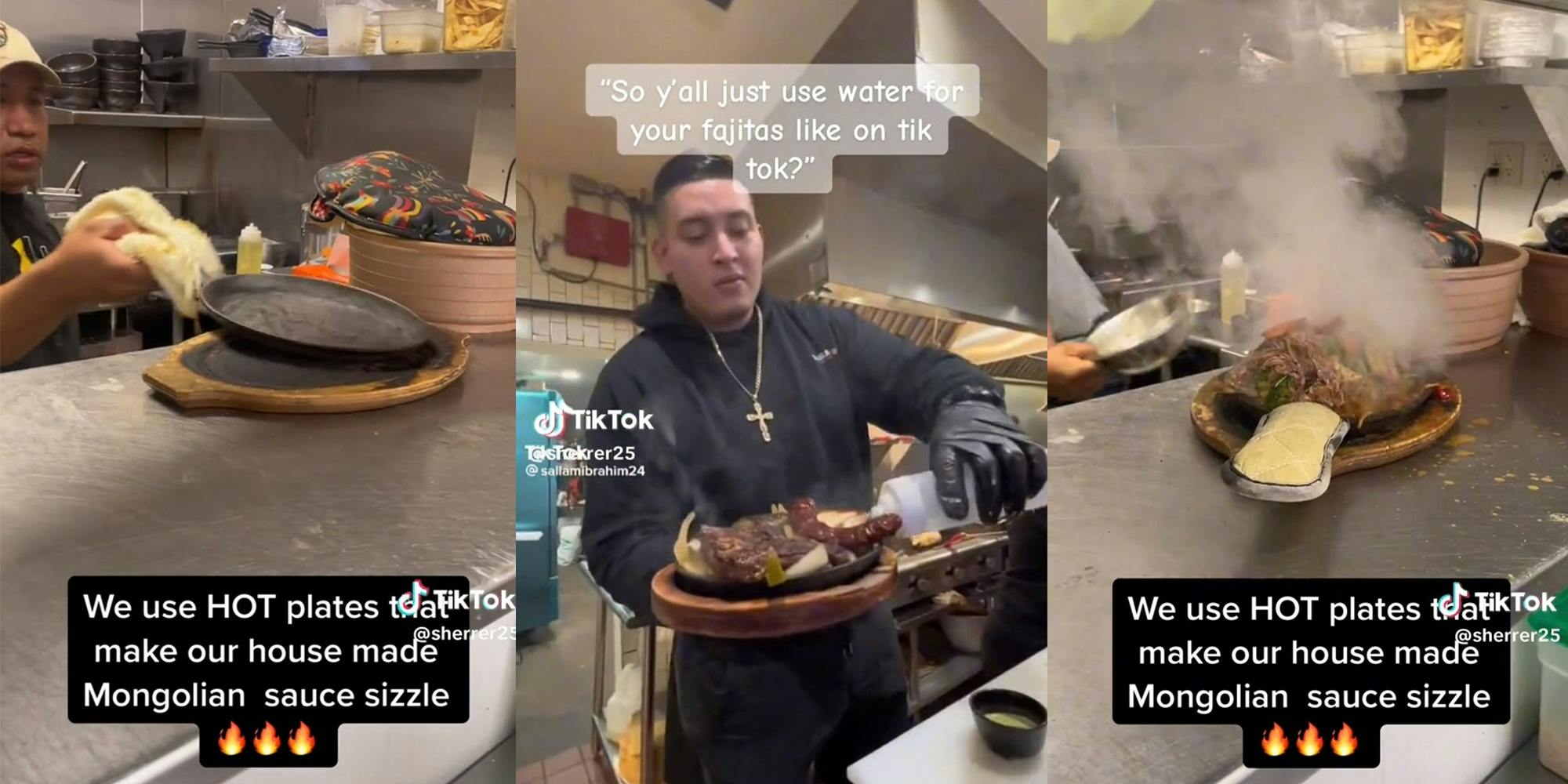 Worker explains what they use to make fajitas look like they are sizzling