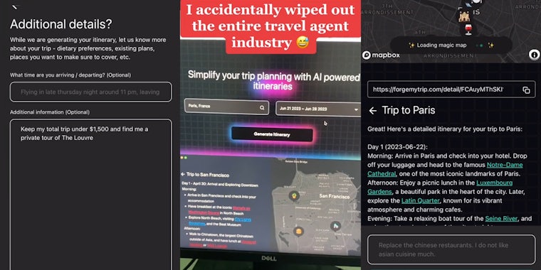 AI powered trip planner (l) AI trip planner website with caption 'I accidentally wiped out the entire travel agent industry' (c) AI trip planner with trip details (r)