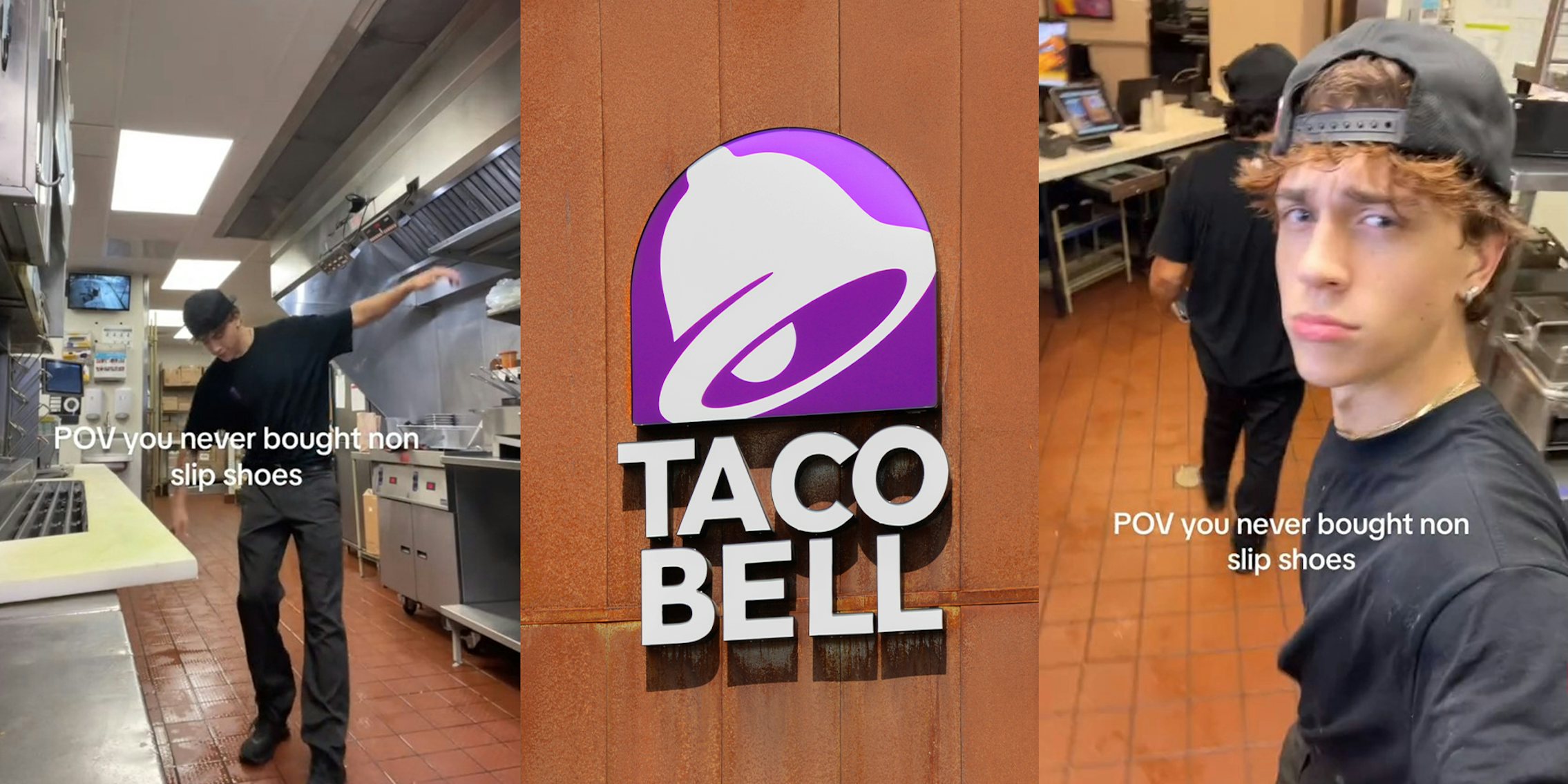 Taco Bell worker slips around store because he doesn't have non-slip shoes