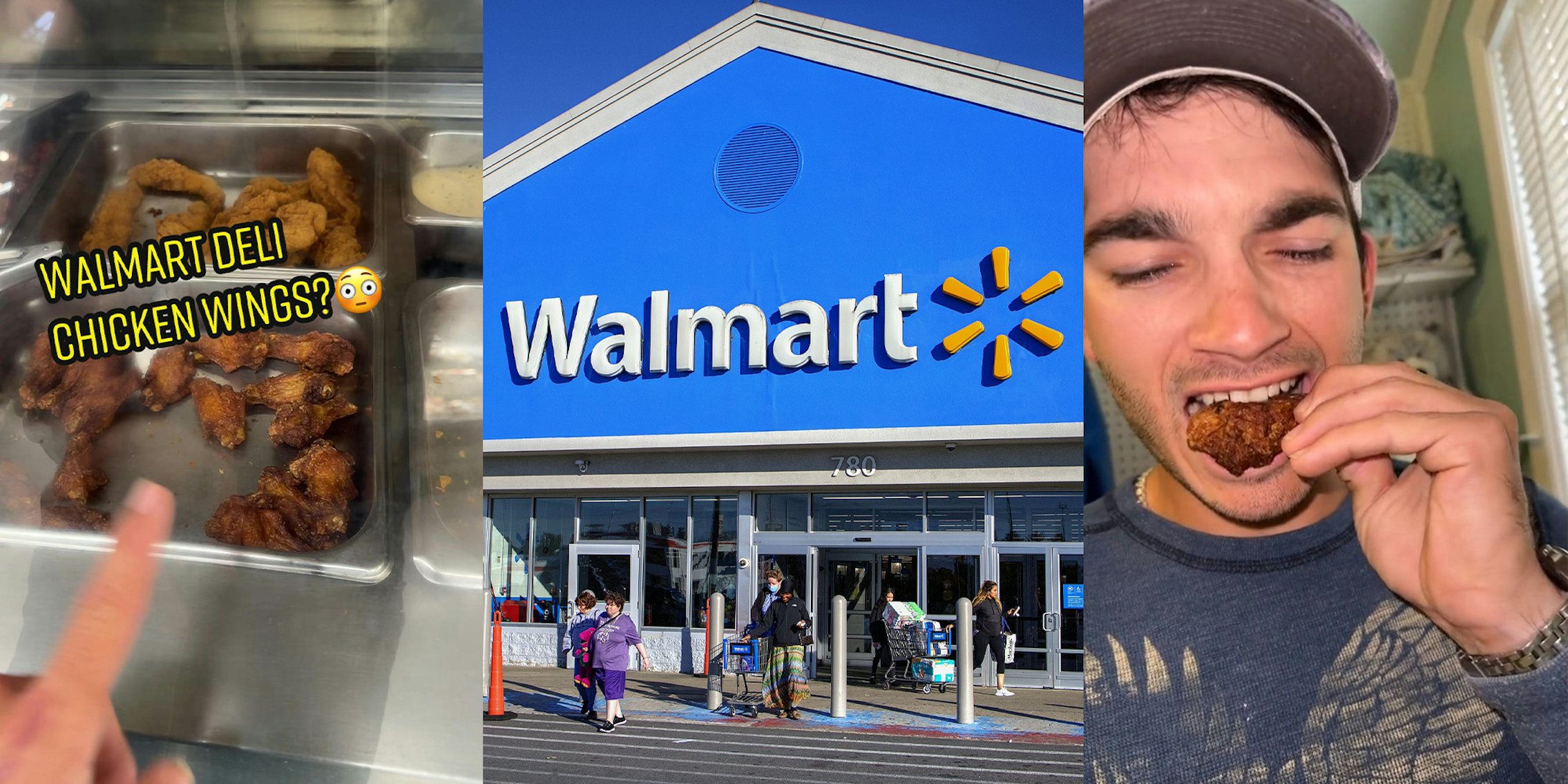 Young Man eats chicken wings from Walmart Deli