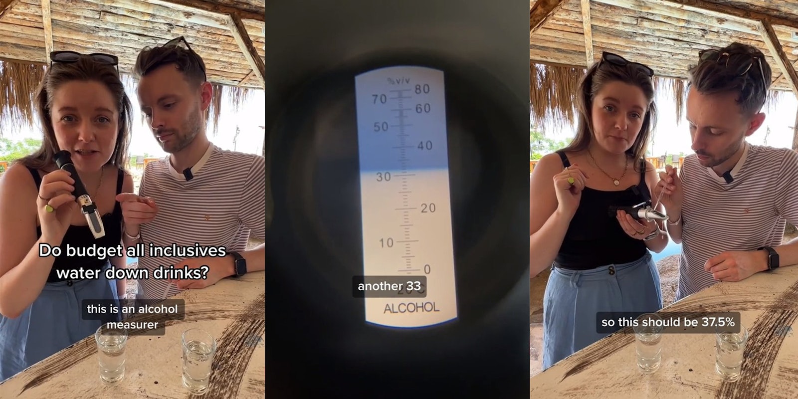 Woman and Man trying to figure out if hotels are tricking customers with watered-down drinks