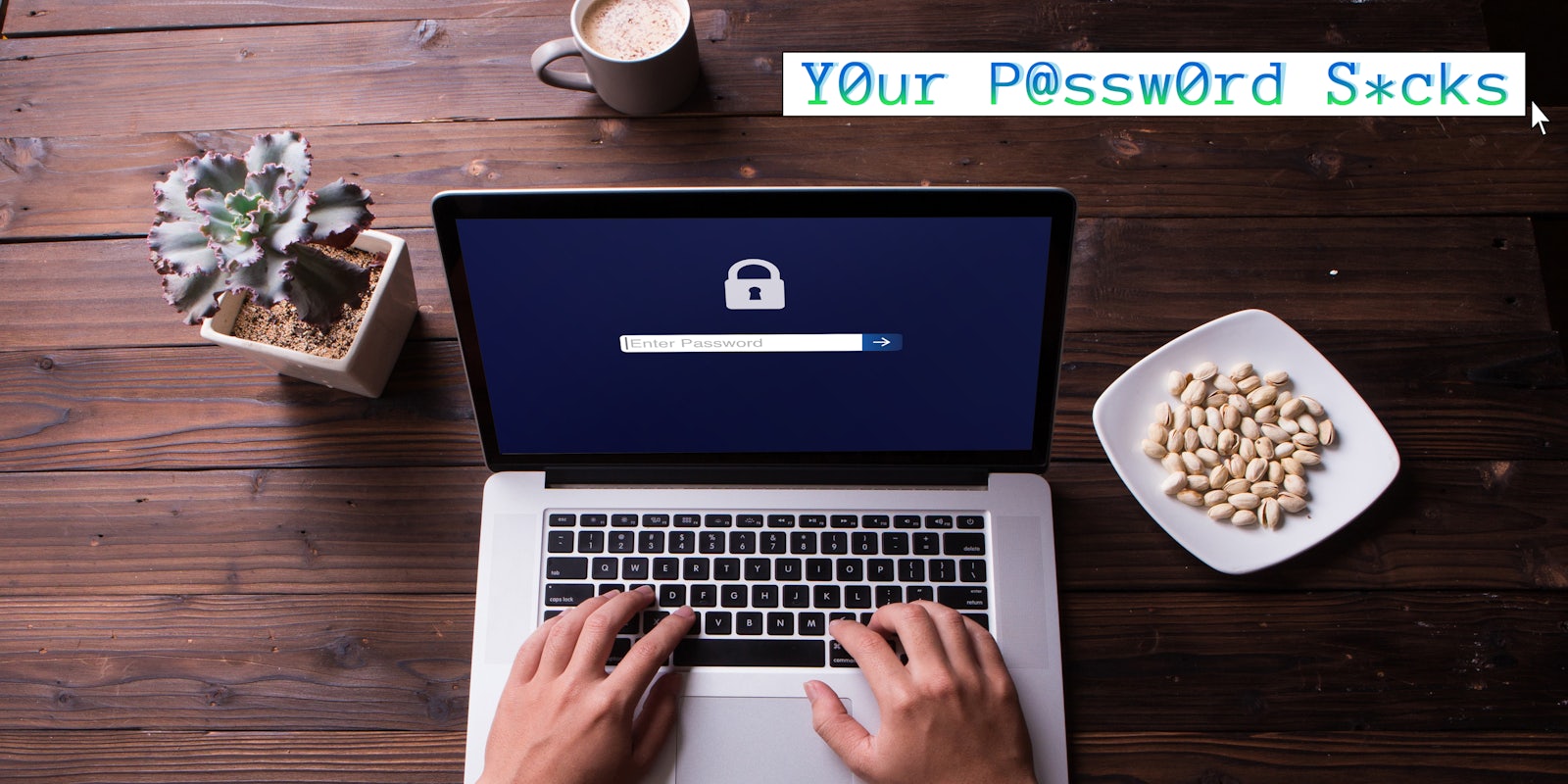 A person typing on a laptop. The Your Password Sucks logo for the web_crawlr column is in the top right corner.