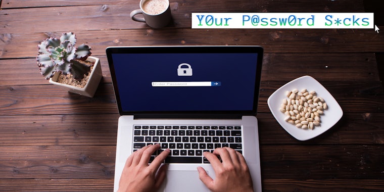 A person typing on a laptop. The Your Password Sucks logo for the web_crawlr column is in the top right corner.