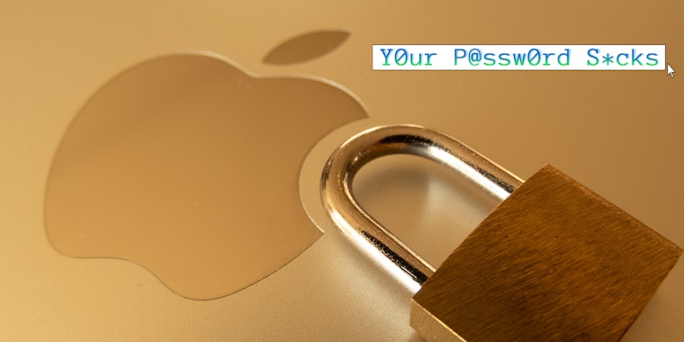 An Apple logo with a lock next to it. The logo for the Daily Dot web_crawlr column 'Your Password Sucks' is in the top right corner.