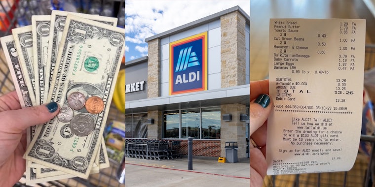 Aldi customer holding $9.37 in front of cart of groceries (l) Aldi building with sign (c) Aldi customer holding receipt for $13.26 in front of shopping cart of groceries (r)