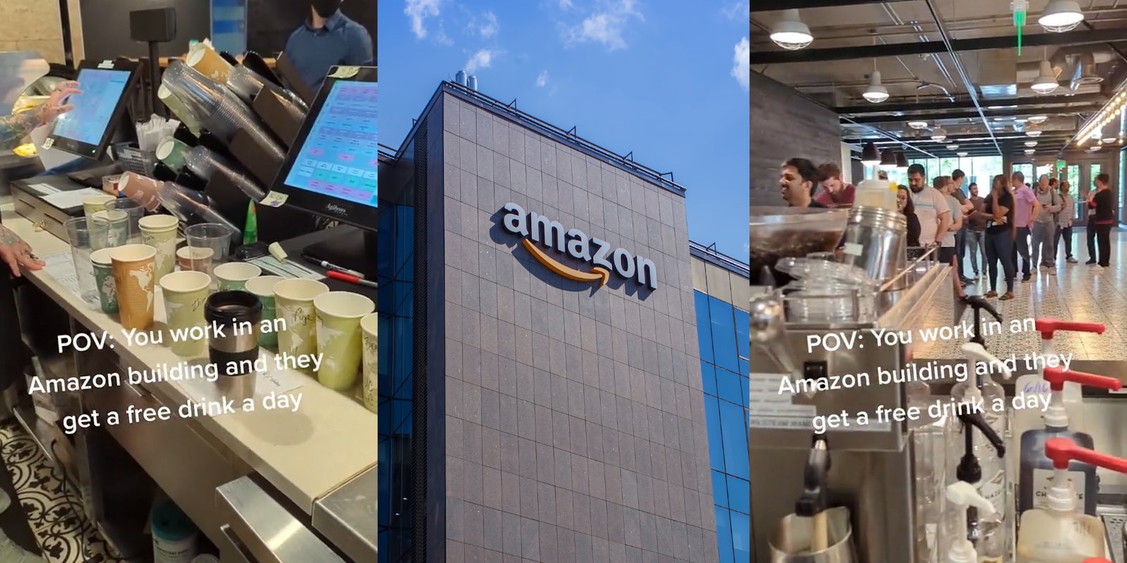 Amazon café interior with caption 'POV: You work in an Amazon building and they get a free drink a day' (l) Amazon building with sign (c) Amazon café interior with caption 'POV: You work in an Amazon building and they get a free drink a day' (r)