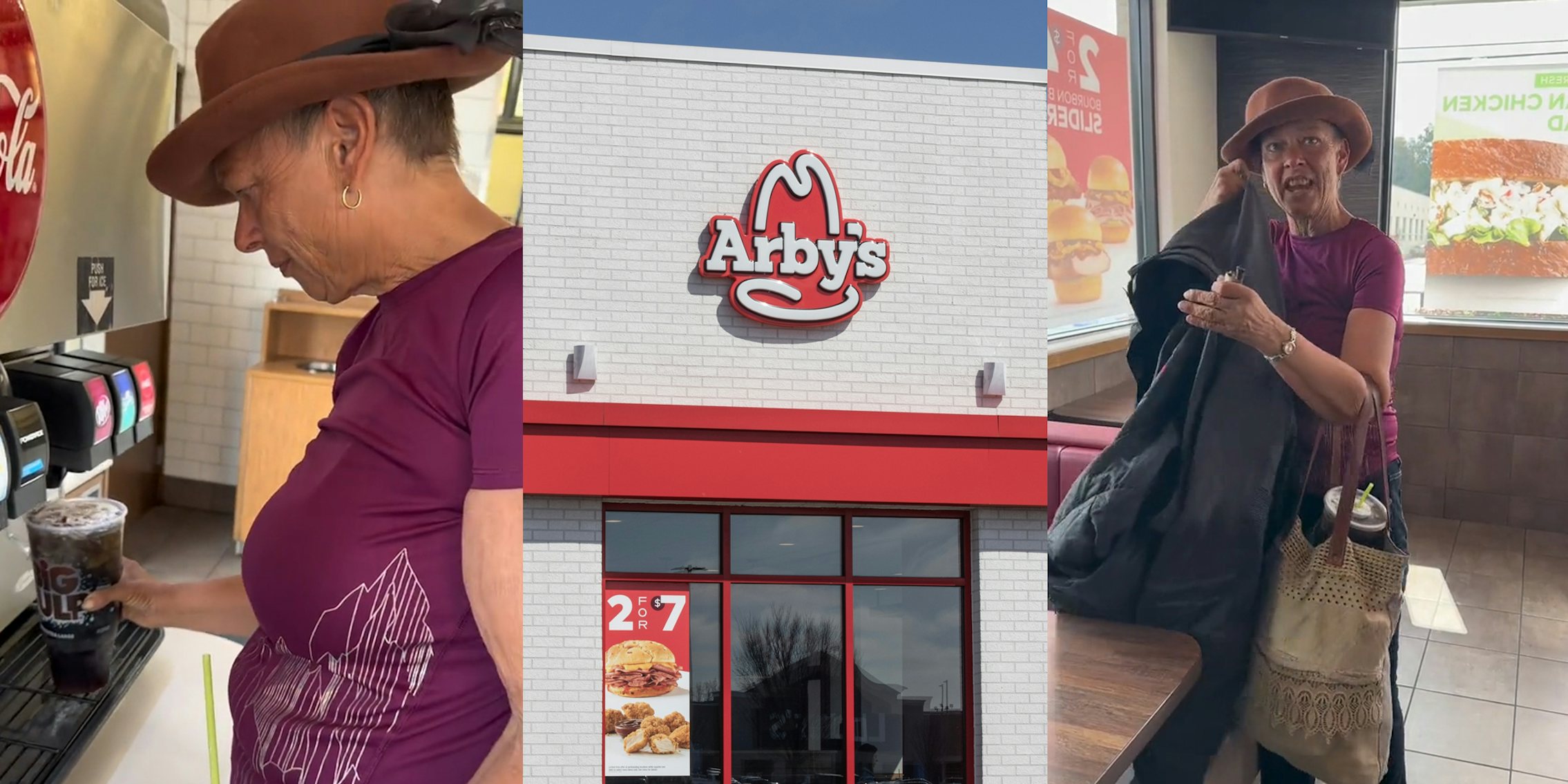 Arby's customer filling 7/11 Big Gulp cup with fountain drink (l) Arby's building with sign (c) Arby's customer speaking while grabbing belongings (r)