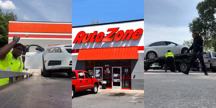 man repossessing car while AutoZone worker is upset in the background (l) AutoZone building with sign (c) AutoZone worker upset in parking lot next to man repossessing his car (r)