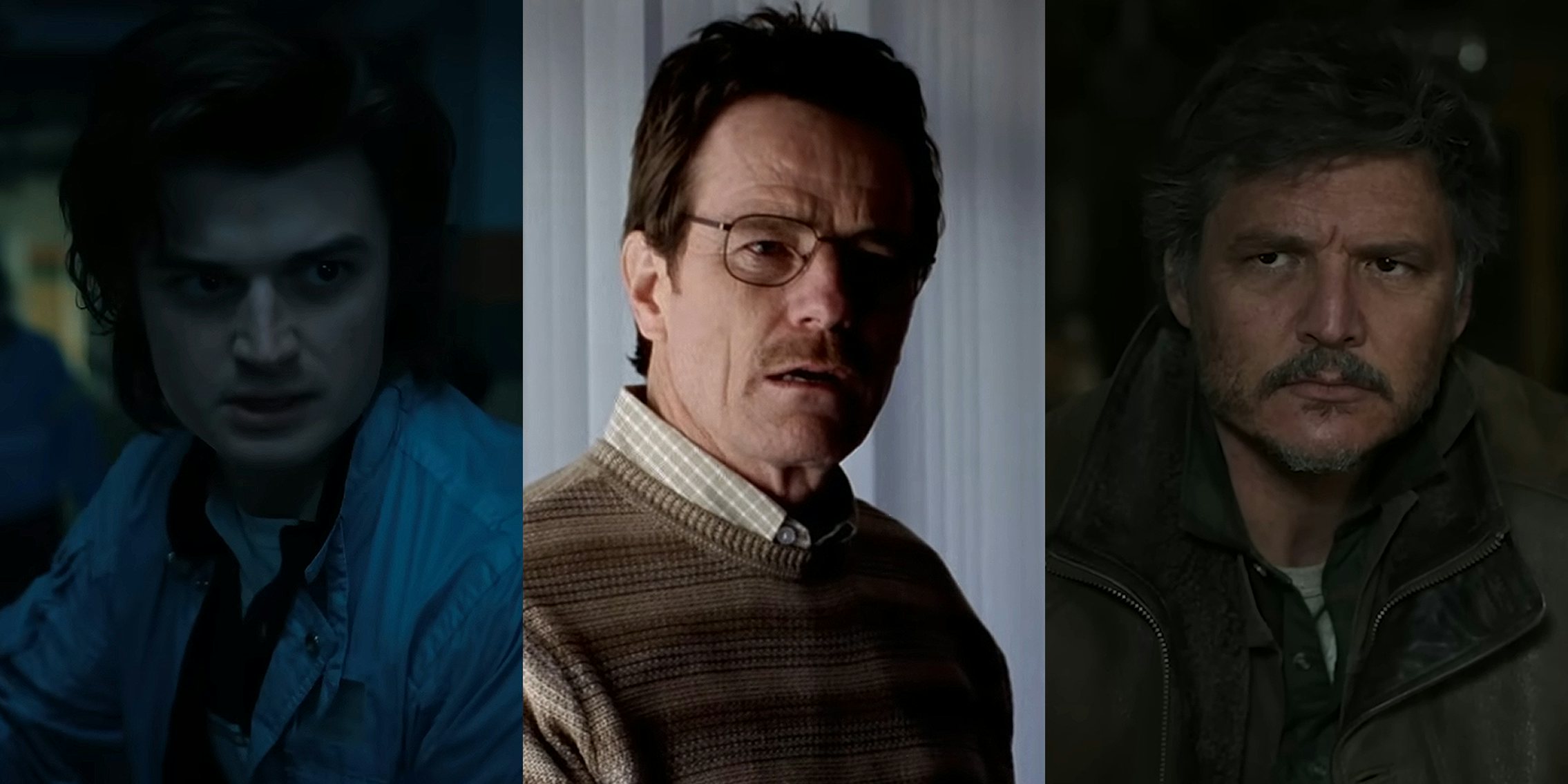 Steve Harrington from Stranger Things (l) Walter White from Breaking Bad (c) Joel from The Last of Us (r)