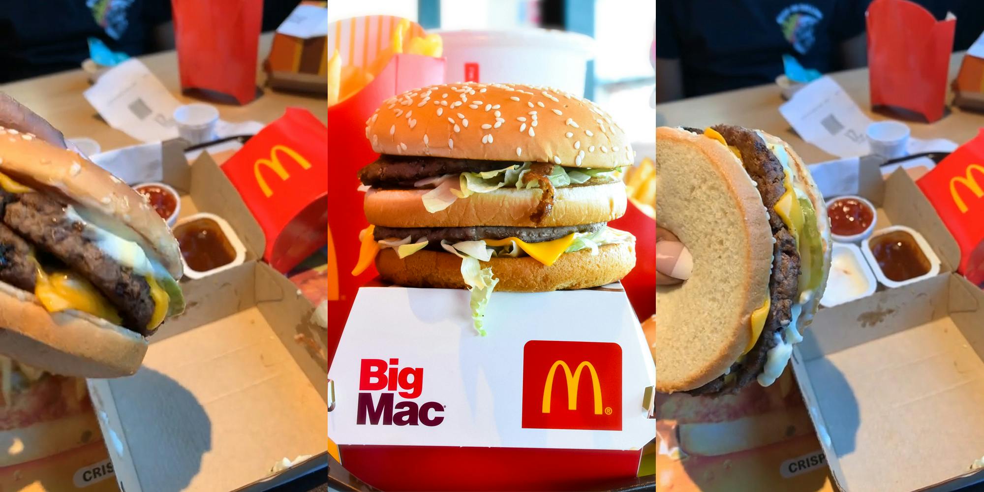 customer holding Big Mac above box (l) Big Mac on BIg Mac box (c) customer holding Big Mac above box showing sliced bottom bun (r)