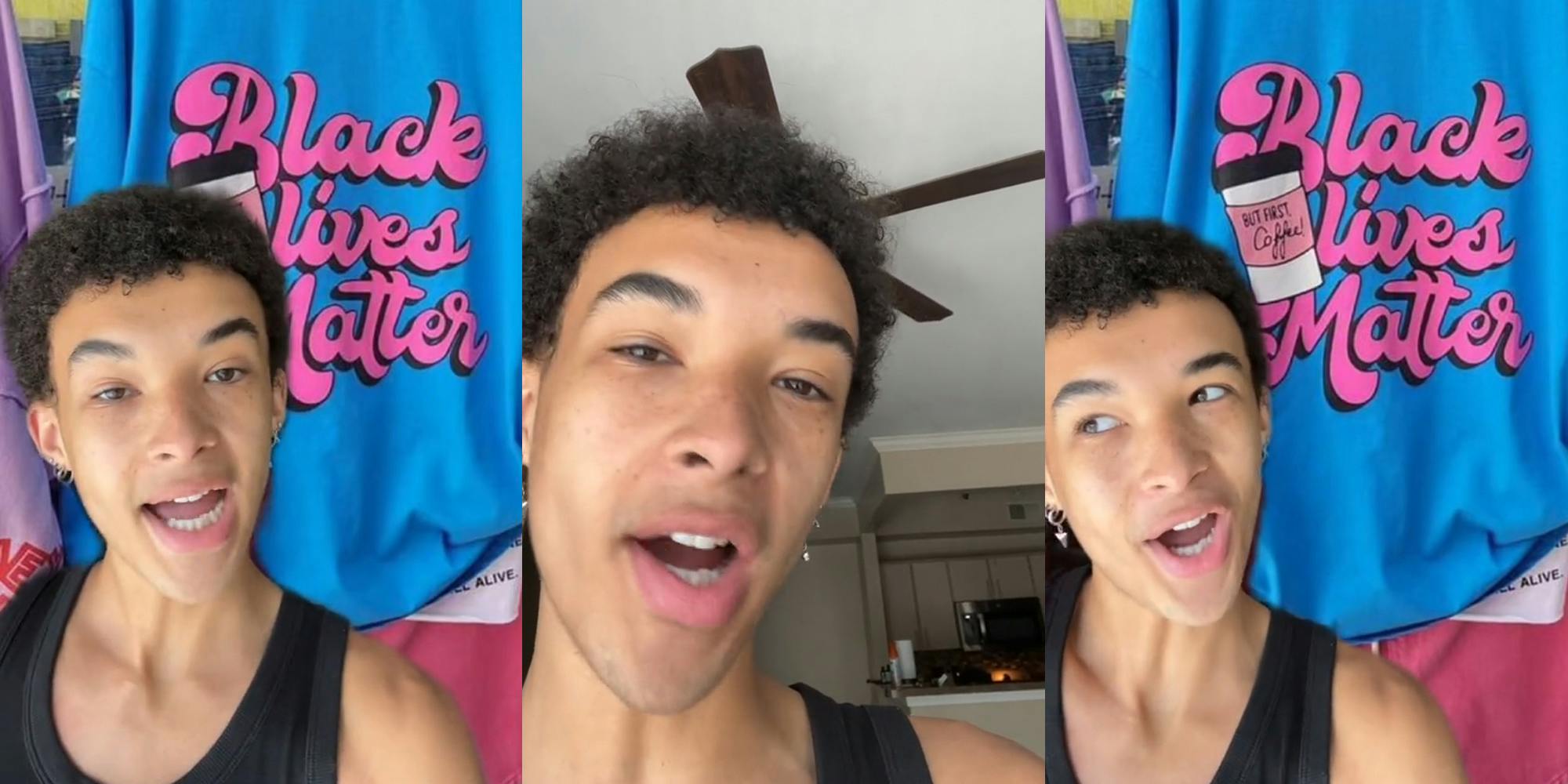 person greenscreen TikTok over image of Black Lives Matter But FIRST Coffee shirt" (l) person speaking in front of ceiling fan (c) person greenscreen TikTok over image of Black Lives Matter But FIRST Coffee shirt" (r)