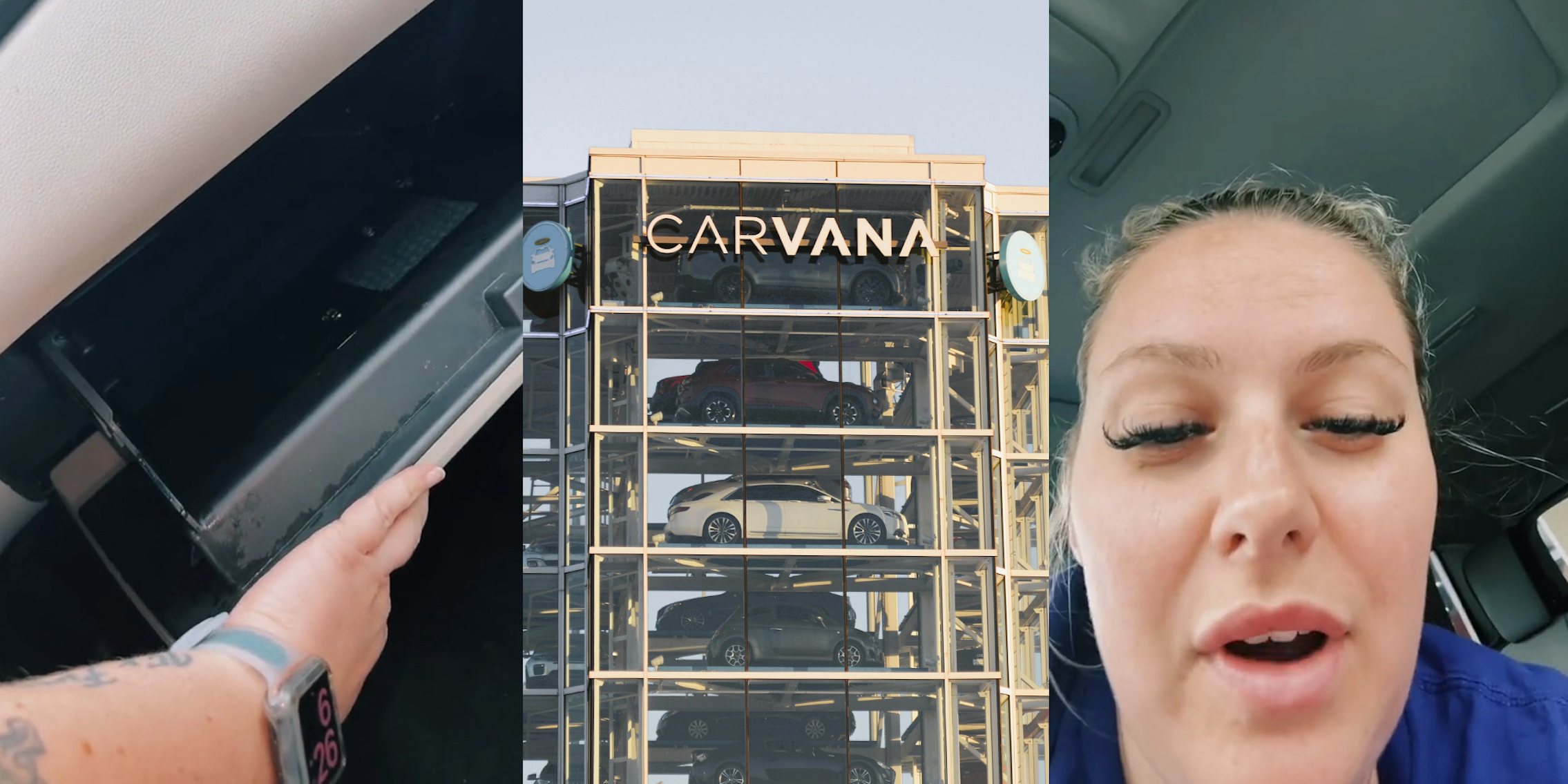 Carvana customer opening car glove compartment to reveal that it's full of water (l) Carvana sign on glass vending tower (c) Carvana customer speaking in car (r)