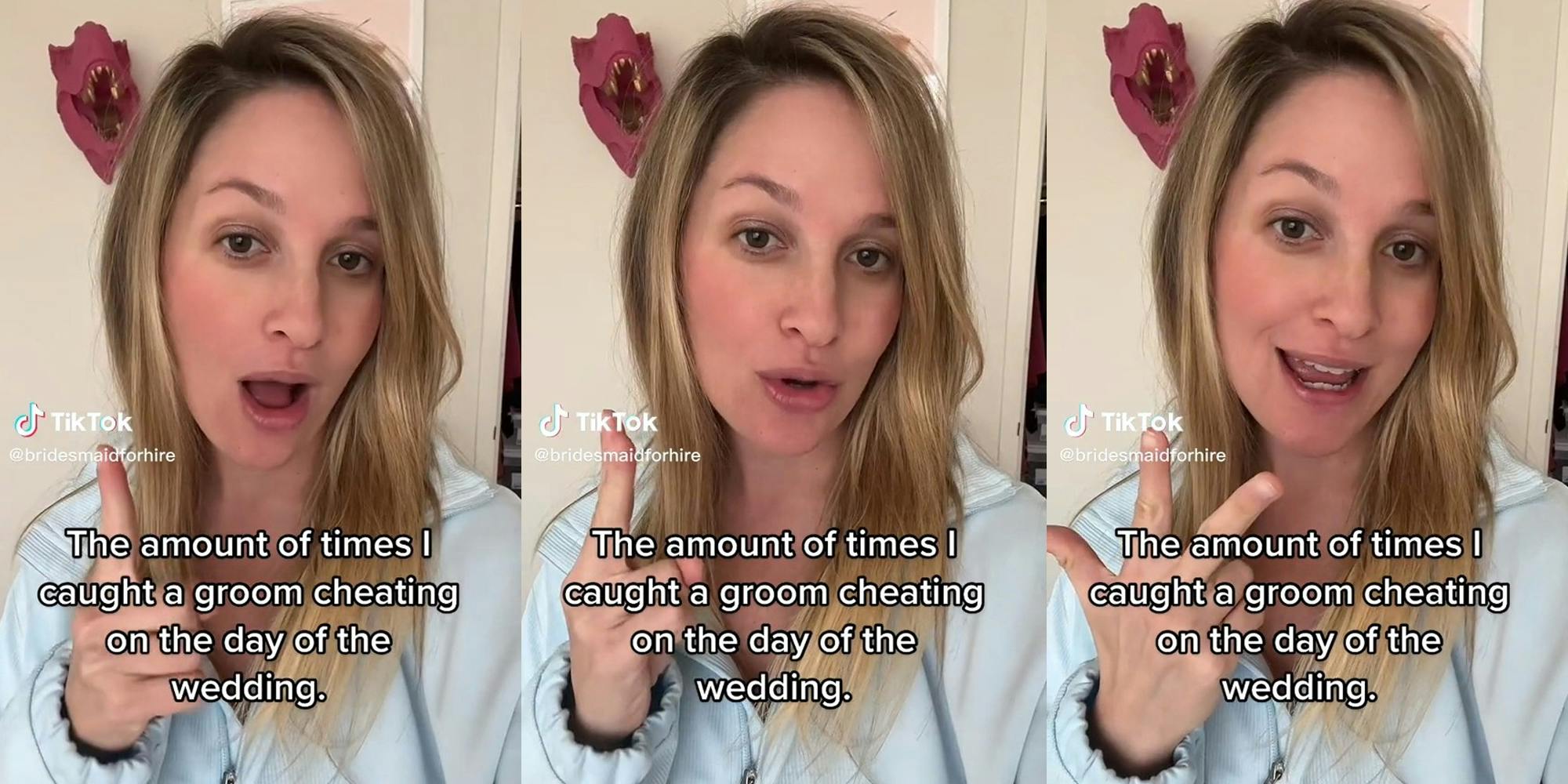 woman counting to three with caption "the amount of times i caught a groom cheating on the day of the wedding"