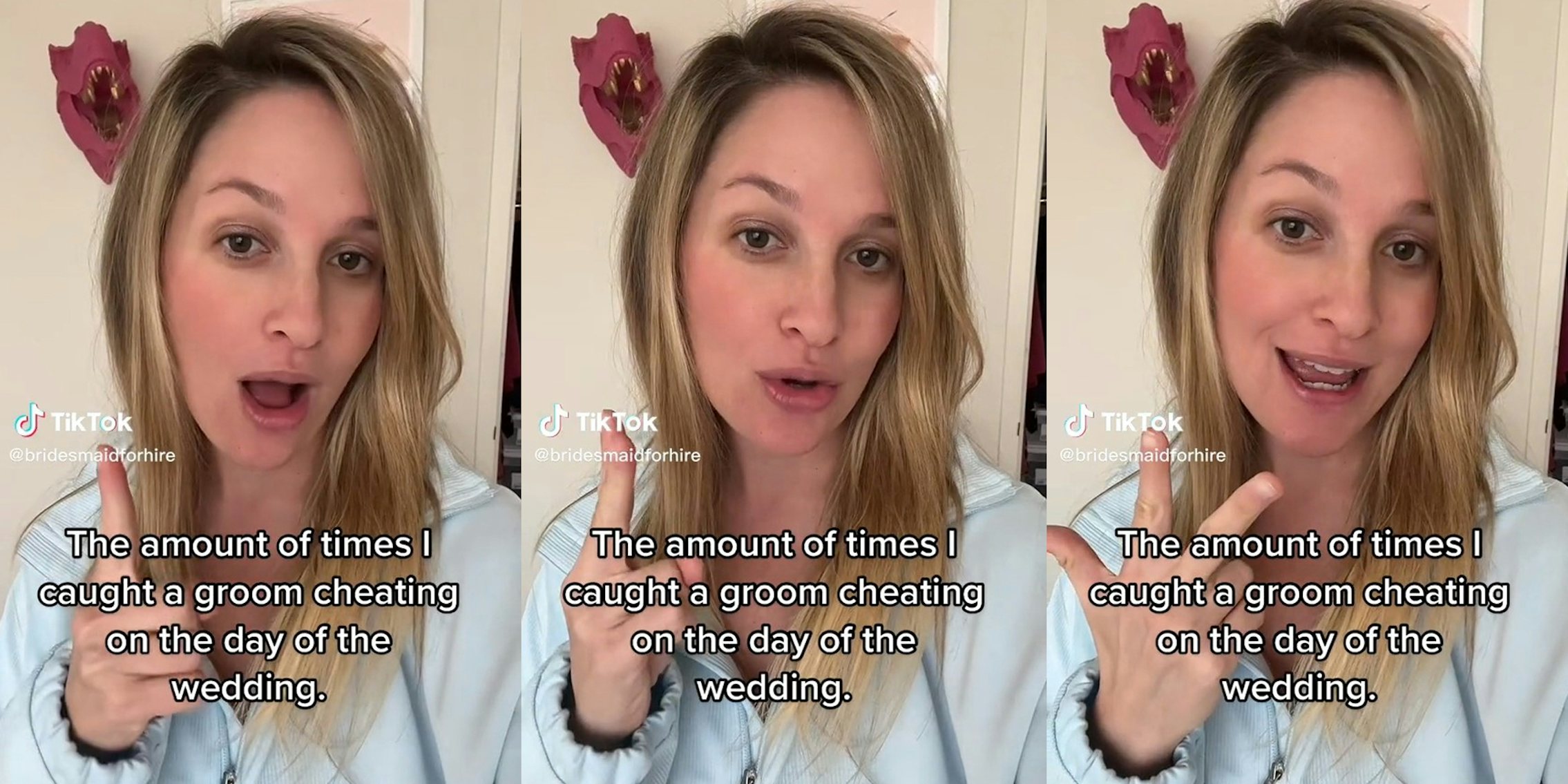 woman counting to three with caption 'the amount of times i caught a groom cheating on the day of the wedding'